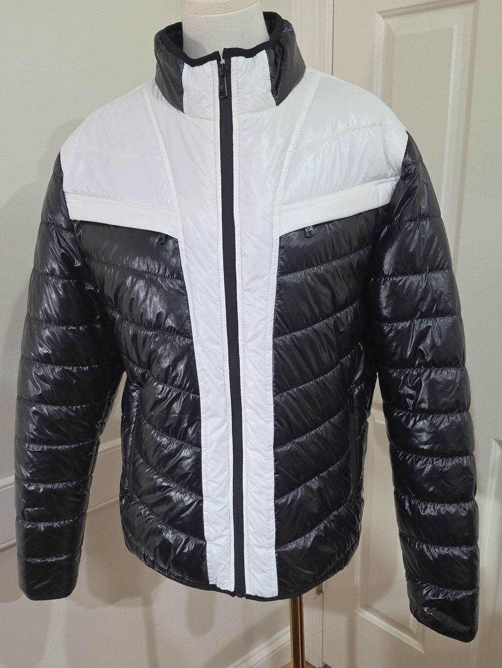 Fried Denim NYC Black & White Shiny Colorblock Quilted Puffer Jacket - Size M